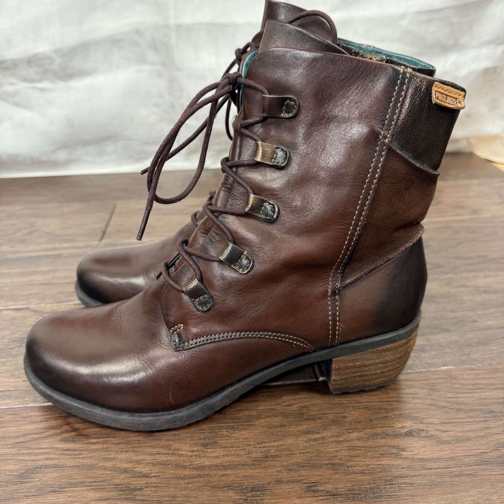 Pikolinos Le Mans Leather Lace Up Side Zip Ankle Boots Block Heel Size 40 - Picture 4 of 10